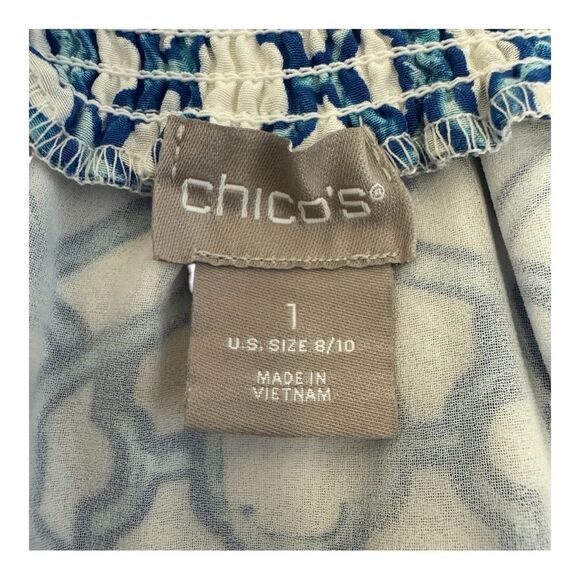 Chicos Off The Shoulder Maxi Dress Blue White Geometric Print Elastic Waist Sz 8 - Picture 4 of 8